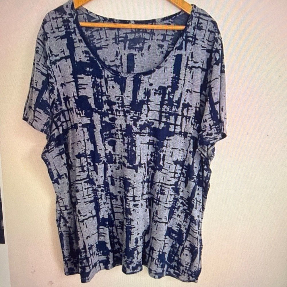 Woman Blue Short Sleeve V Neck Pullover Burnout T Shirt Plus Size 4X